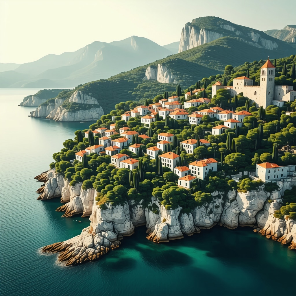 Aerial photograph of Hvar Island featuring natural landscapes and historical buildings with visualization of conservation technology