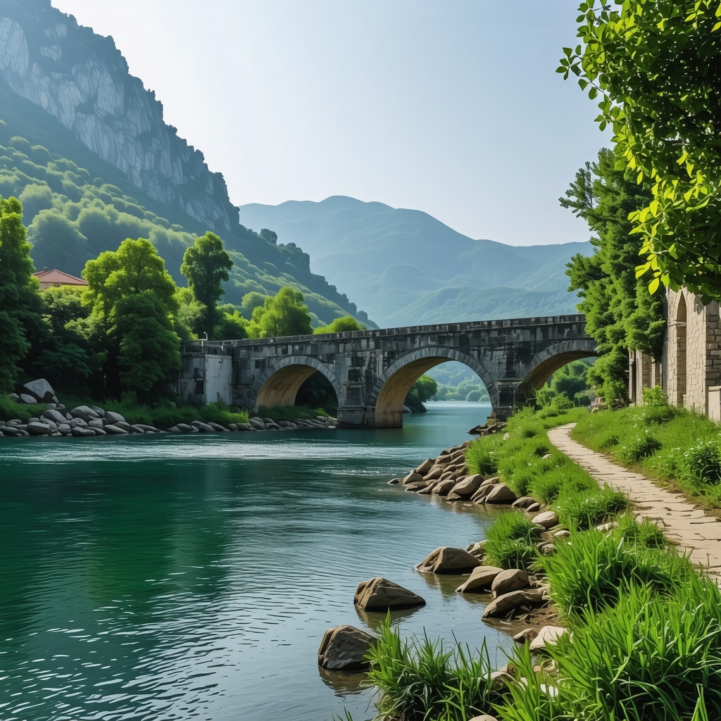 Historical bridge over green river with surrounding natural landscape in Konjic