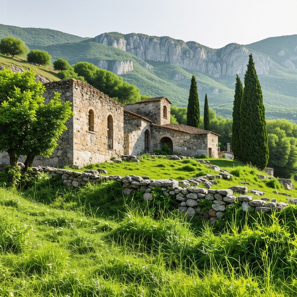 Scenic view of Stolac's ancient ruins surrounded by lush greenery and natural landscapes.