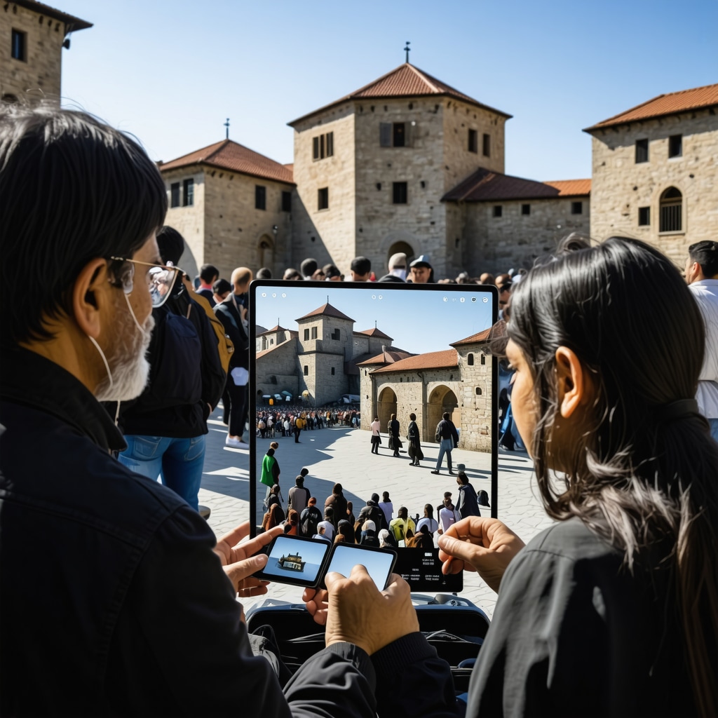 Visitors experiencing augmented reality overlays of Ottoman architecture in Gostivar outdoors