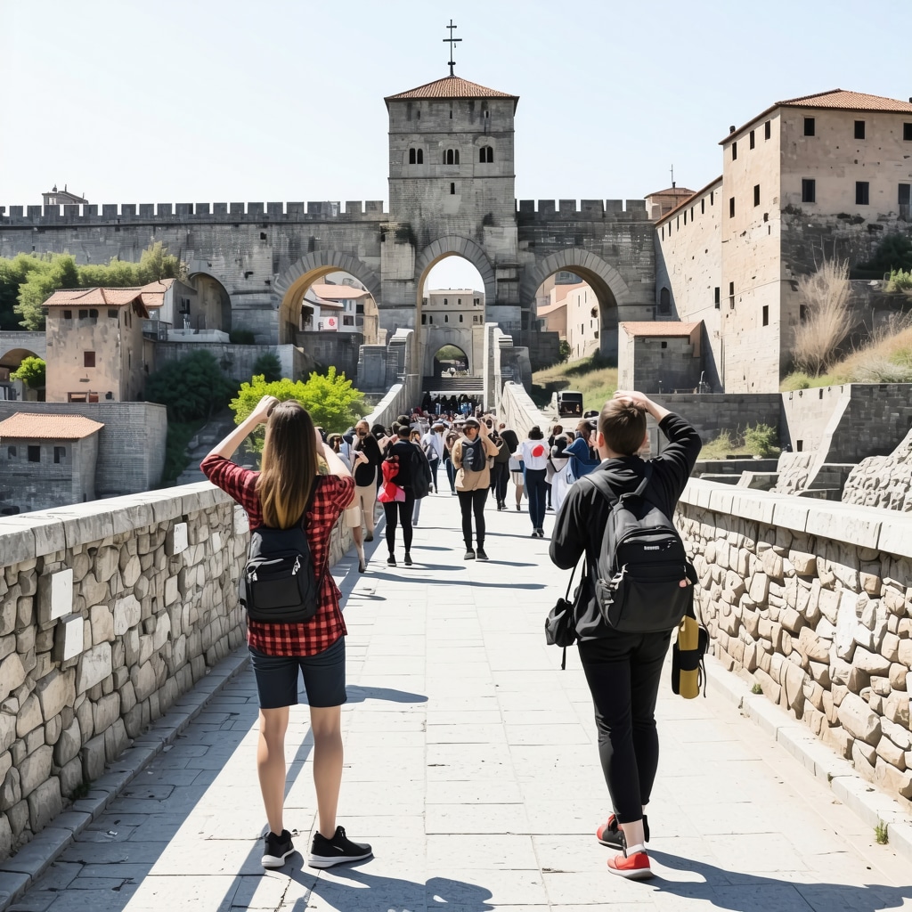 Tourists using augmented reality devices to explore the historical Mostar Bridge reconstruction