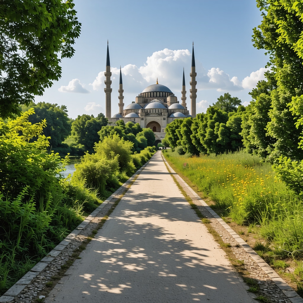 Tourists using augmented reality devices to explore Selimiye Mosque details alongside a nature trail in Edirne