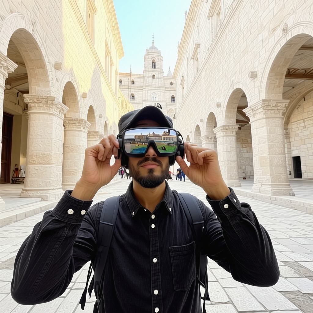 Tourist using augmented reality glasses exploring Cathedral of Saint Lawrence in Trogir with digital historical overlays