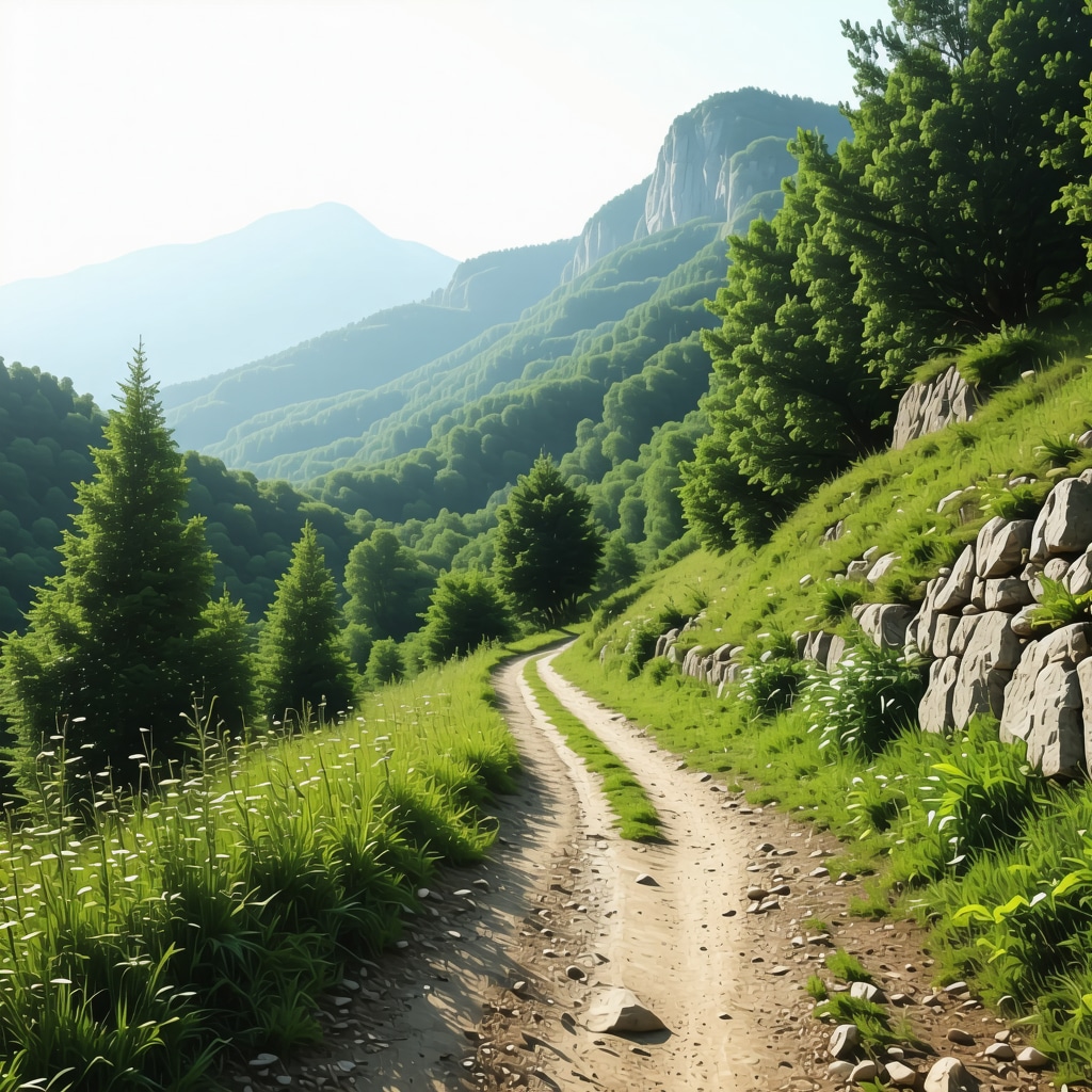 Balkan mountain trail surrounded by forest and nearby traditional villages under sunlight
