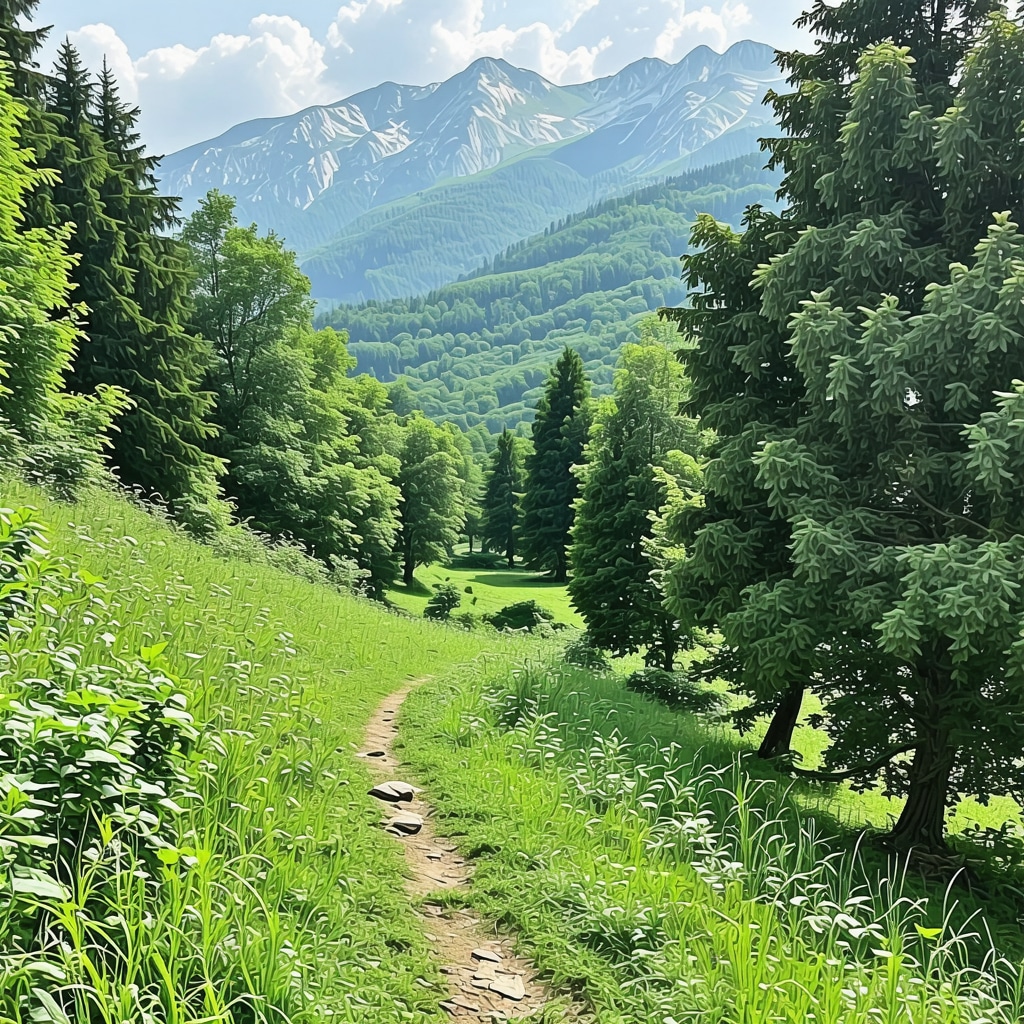 Scenic trail in Balkan mountains with lush greenery and scenic views.