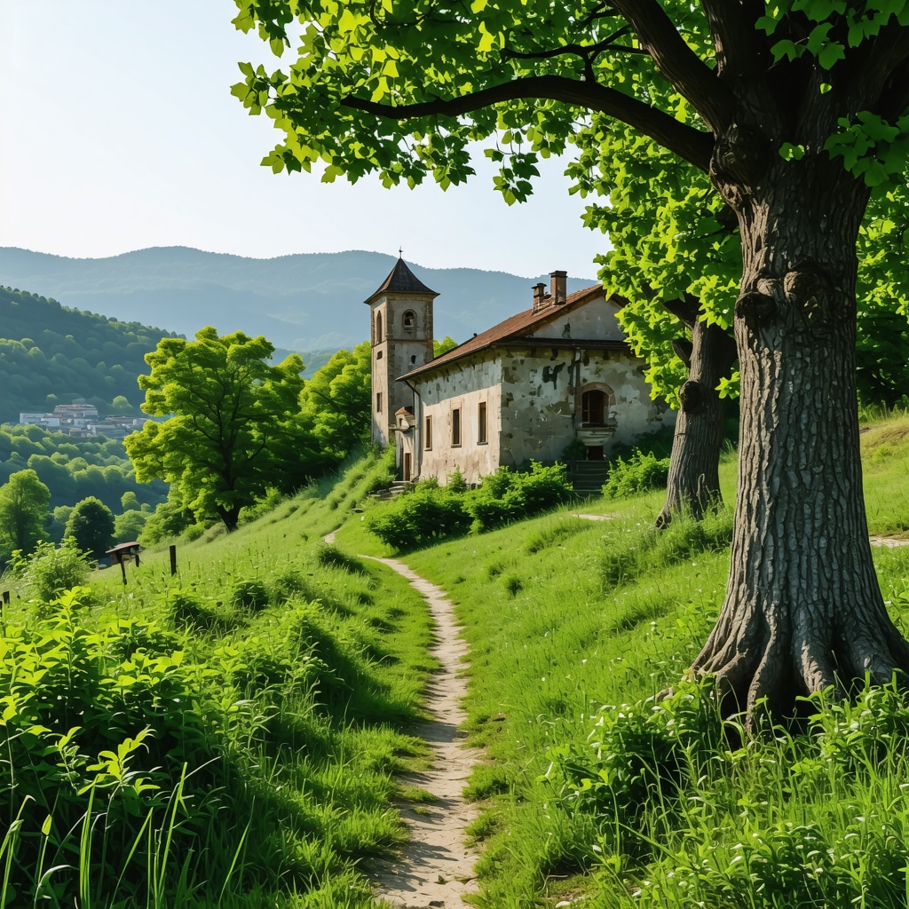 Scenic Balkan landscape with historical ruins and green nature