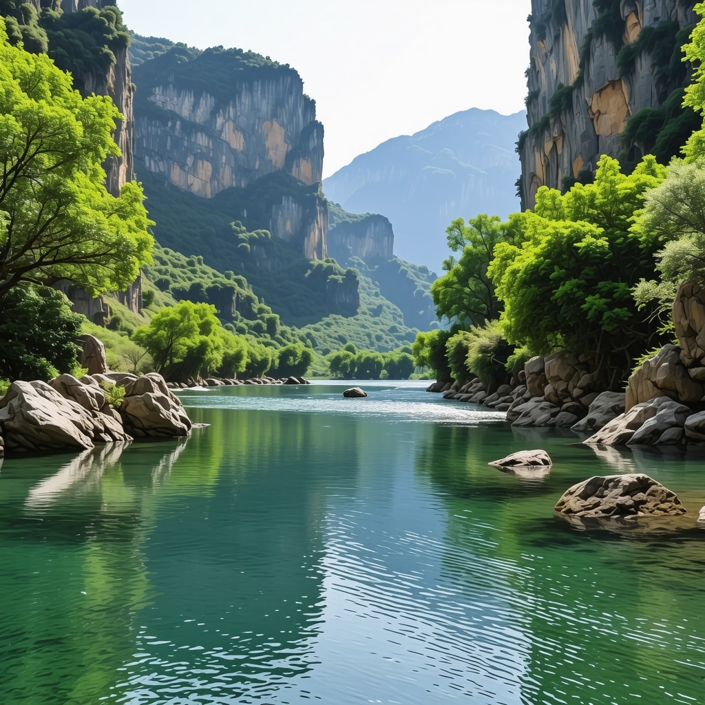 Scenic view of a canyon with green trees and flowing river