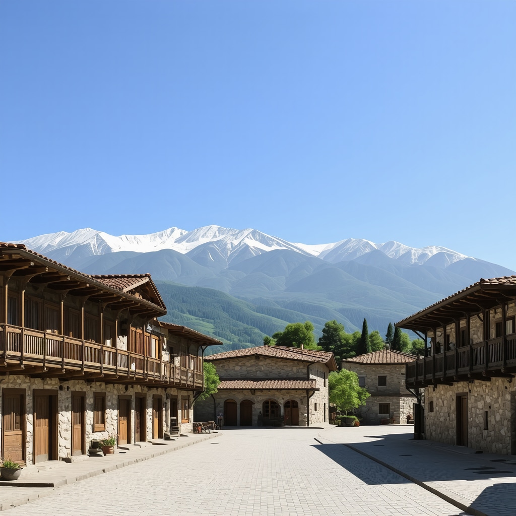 Bansko kasabasının tarihi taş evleri ve Arnavut kaldırımlı sokakları ile çevresindeki Pirin dağlarının panoramik görüntüsü