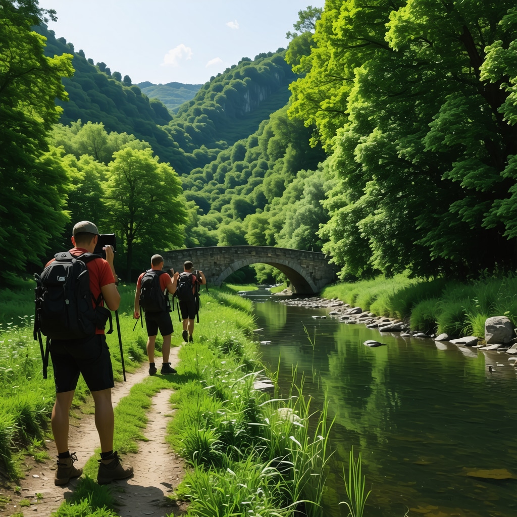 Hikers using augmented reality devices on a nature trail beside Buna River with Ottoman stone bridge in Blagay