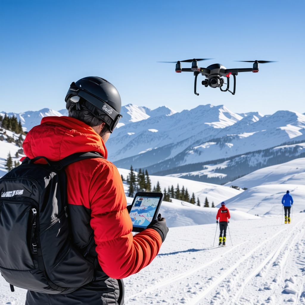 Athletes using GPS and biometric devices with drone flying over Borovets mountain trails