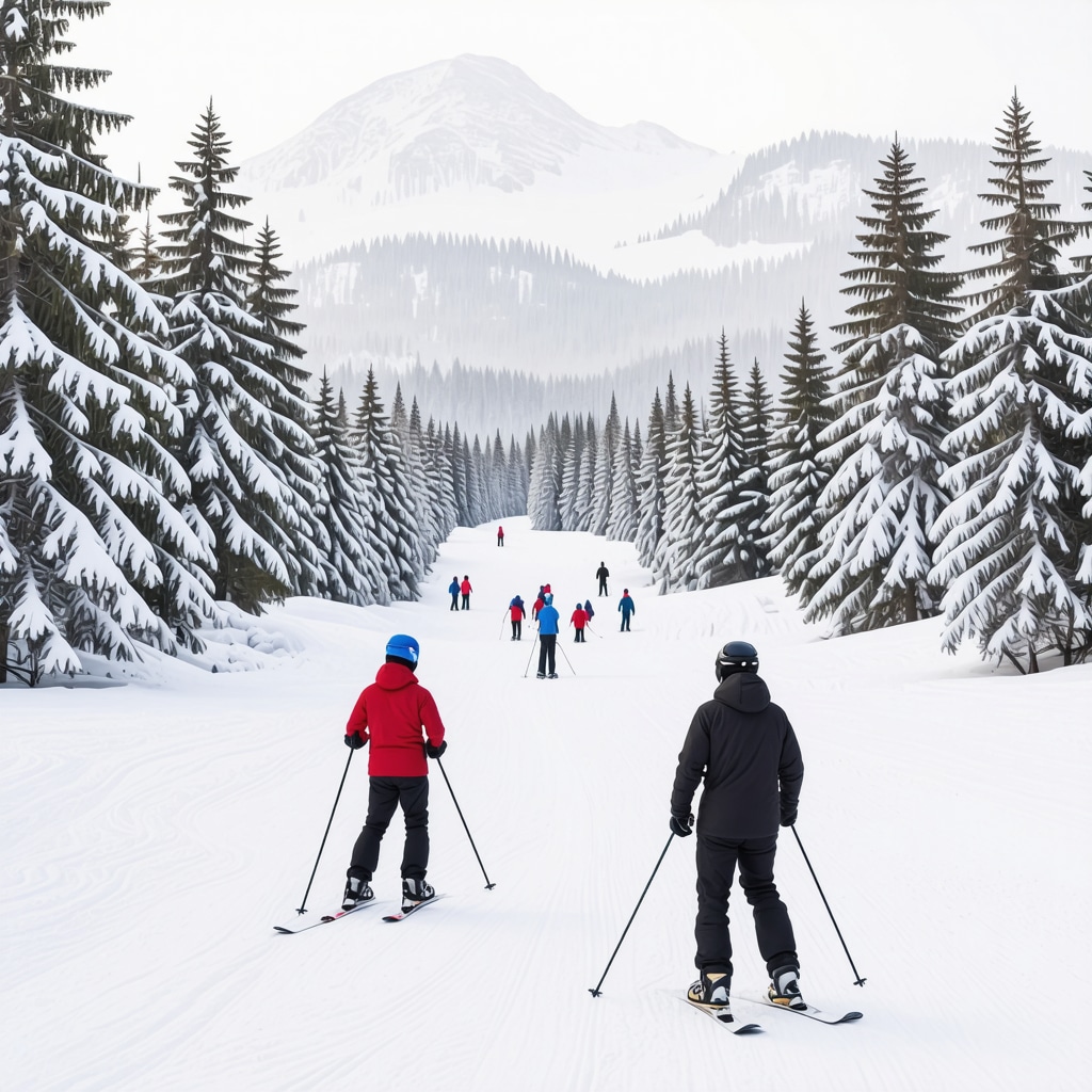 Snowy Borovets mountain with skiers and pine trees in winter
