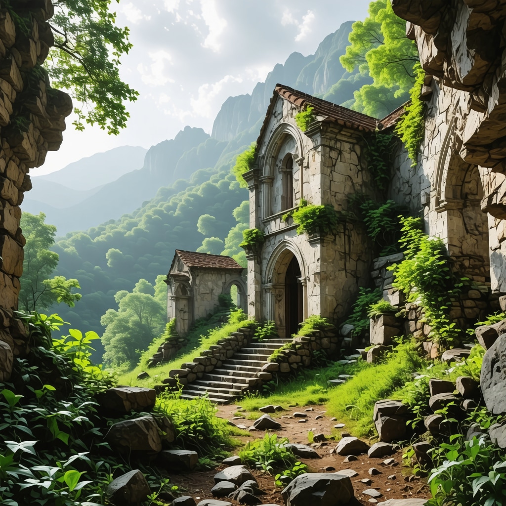 Ancient monastery ruins nestled in lush Bosnian landscape, mystical and atmospheric