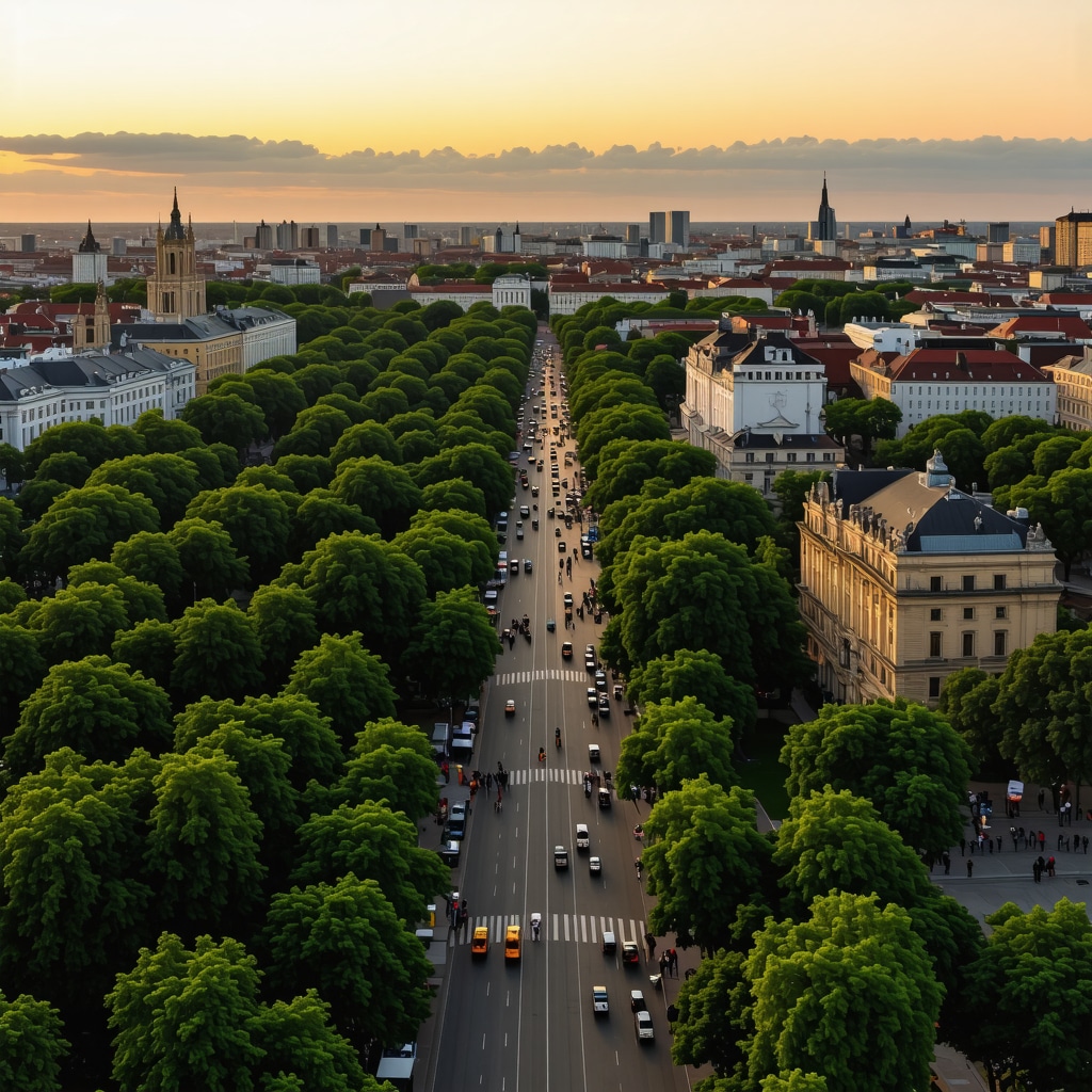 Aerial view of Bucharest cityscape with historic buildings and green parks during sunset, tourists on night walks, and drone photography activities.