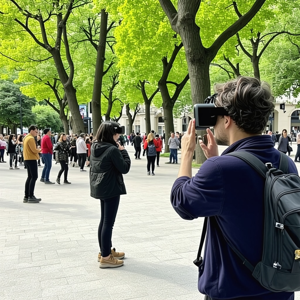 Visitors using augmented reality and smart apps in Bucharest park for integrated nature and history tourism experiences