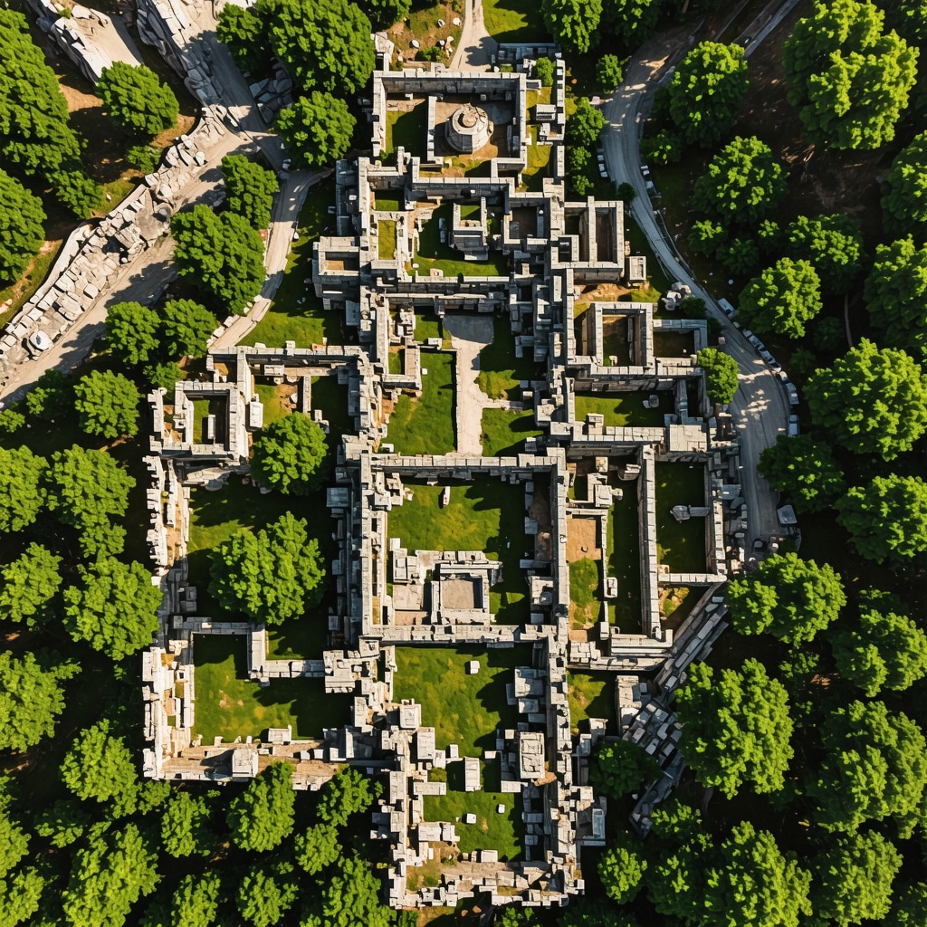 Burgaz'daki antik kalıntılar ve doğal güzelliklerin iç içe geçtiği detaylı hava fotoğrafı