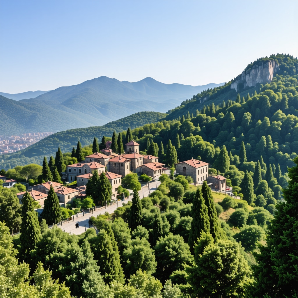 Panoramic view of Uludağ mountain hiking trails with lush forest and Ottoman-era buildings in Bursa