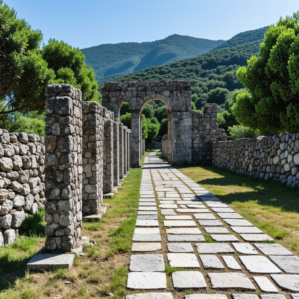 Ancient ruins surrounded by lush greenery and clear waters, symbolizing sustainable preservation and natural beauty in Butrint.