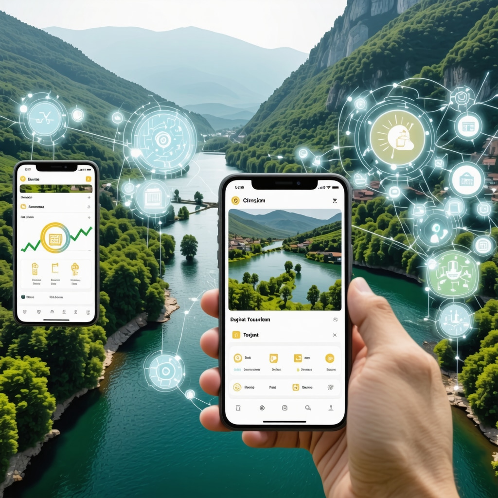 Aerial view of green landscapes and Neretva River with digital technology graphics representing smart tourism in Çapljina