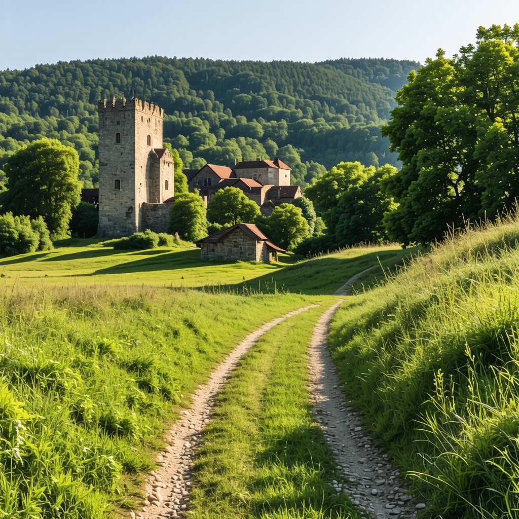 A peaceful hiking trail in Celje with medieval castle ruins and dense green forest