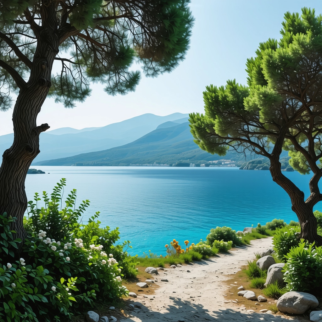 Scenic view of Tivat coastline with greenery and sea, perfect for outdoor activities.