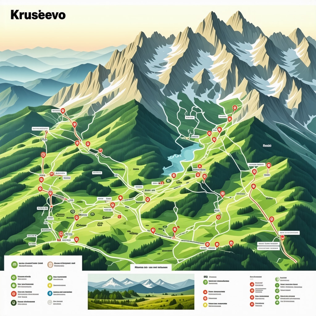 Futuristic digital tourism map of Kruševo highlighting augmented reality points and eco-tourism hiking trails in the Balkan mountains at sunset