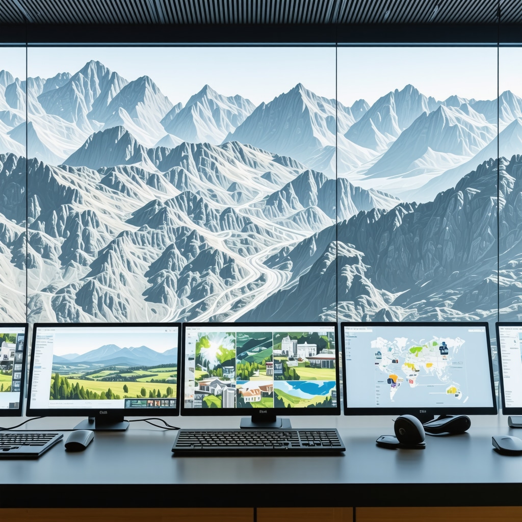 High-tech digital control room with holographic maps of Kruševo nature trails and Balkan culinary locations