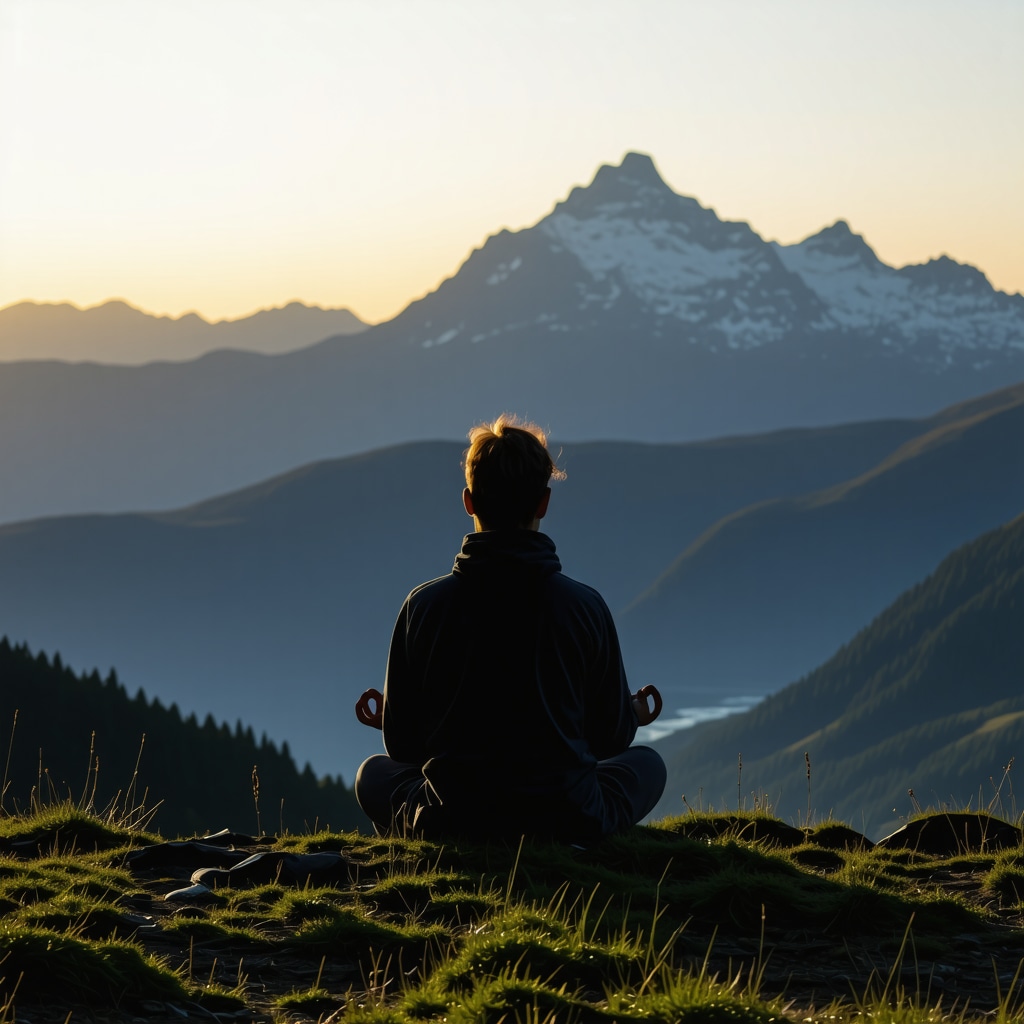Bir kişi gün doğumunda dağlarda meditasyon yaparken, huzur ve dinginlik simgeleri