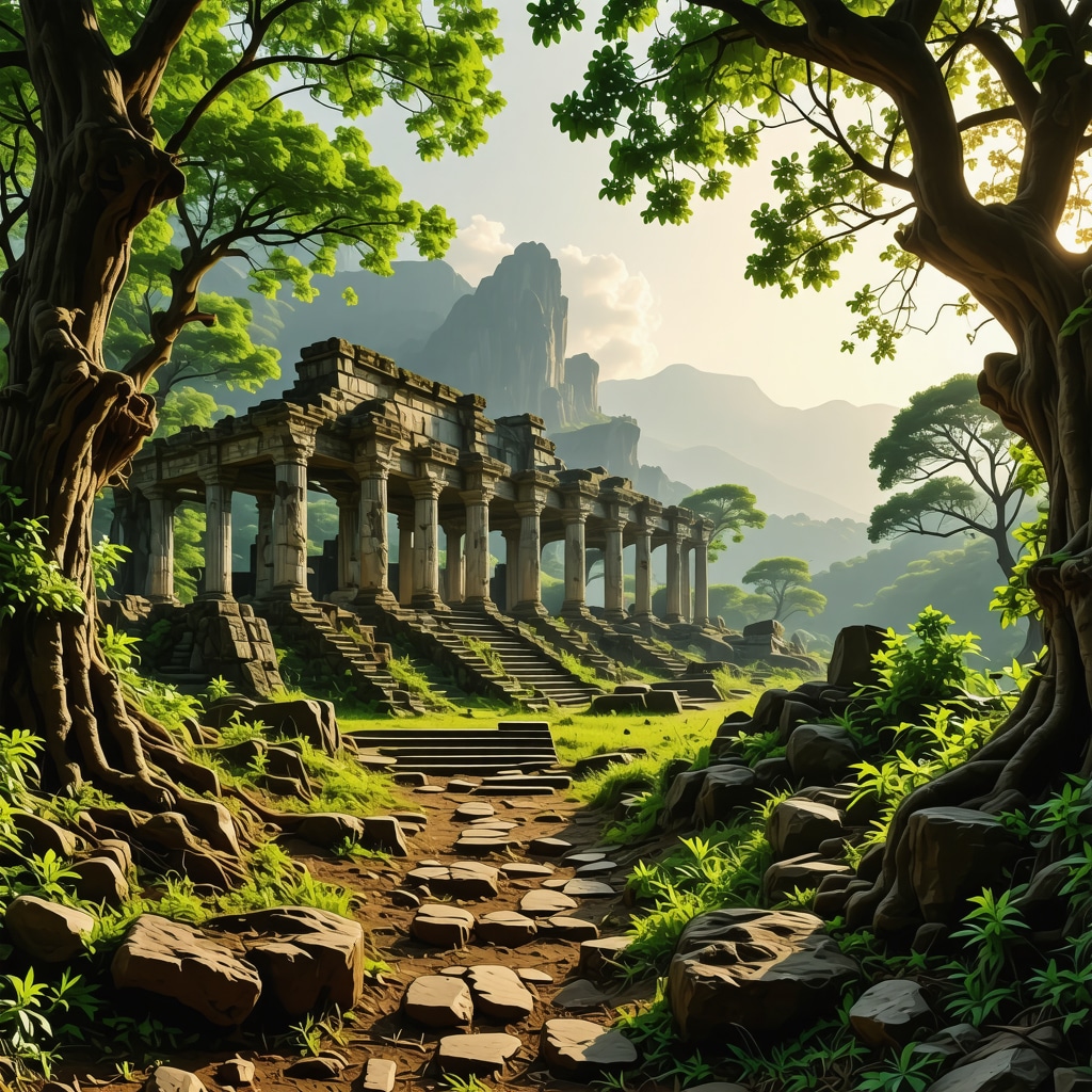 Ancient ruins nestled in lush greenery, symbolizing the harmony of nature and history