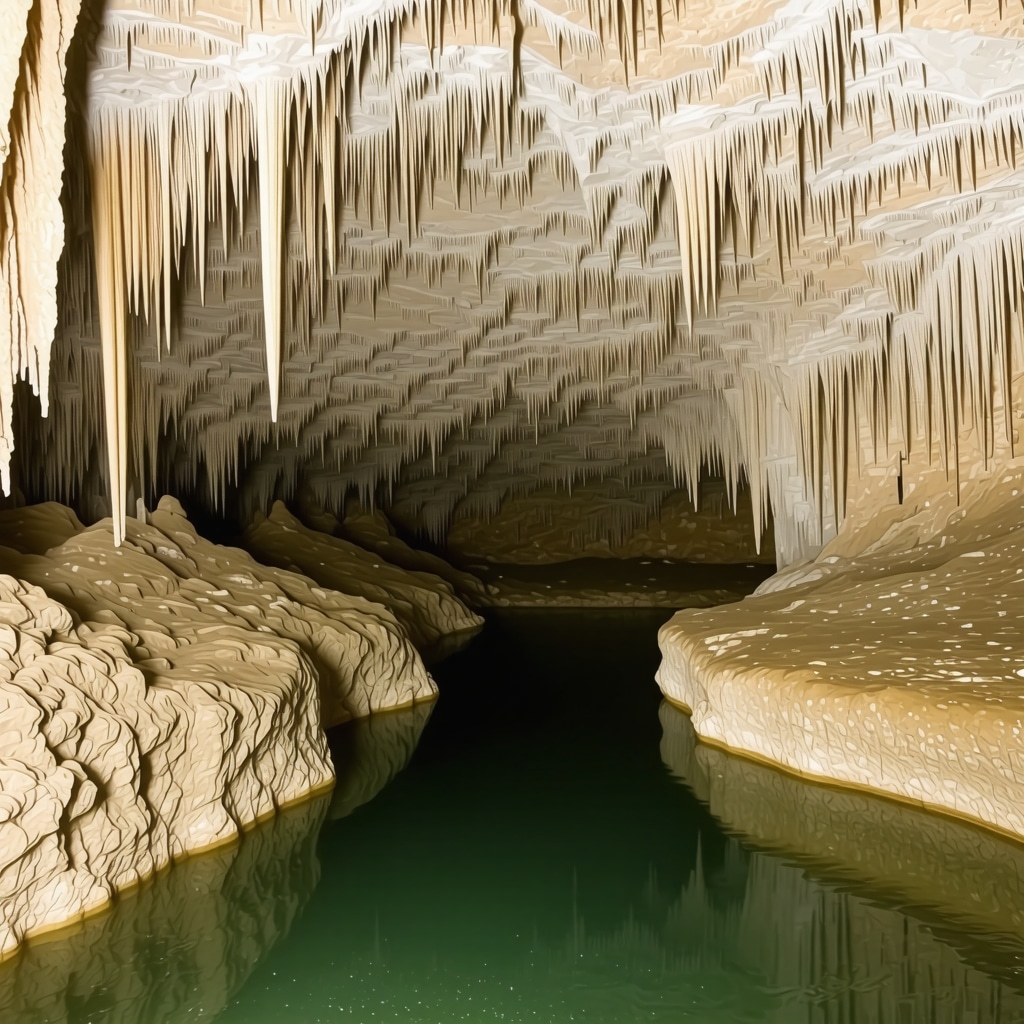 Deep underground canyon with river and stalactites in Skocjan Caves