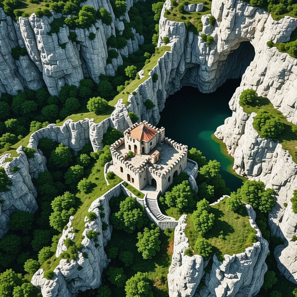 Aerial drone image of Ljubuški karst terrain and castle ruins with digital technology symbols overlay