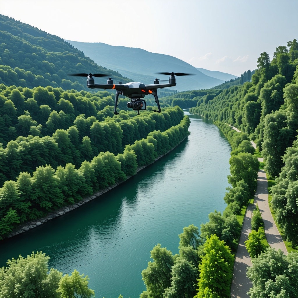 Drone flying over Drina River with green riverbanks and hikers illustrating AI-based eco-tourism monitoring