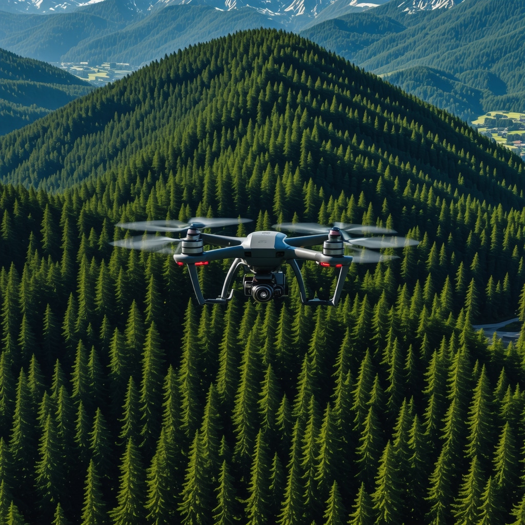 Drone flying over Korçë mountains with augmented reality data overlays illustrating ecological monitoring