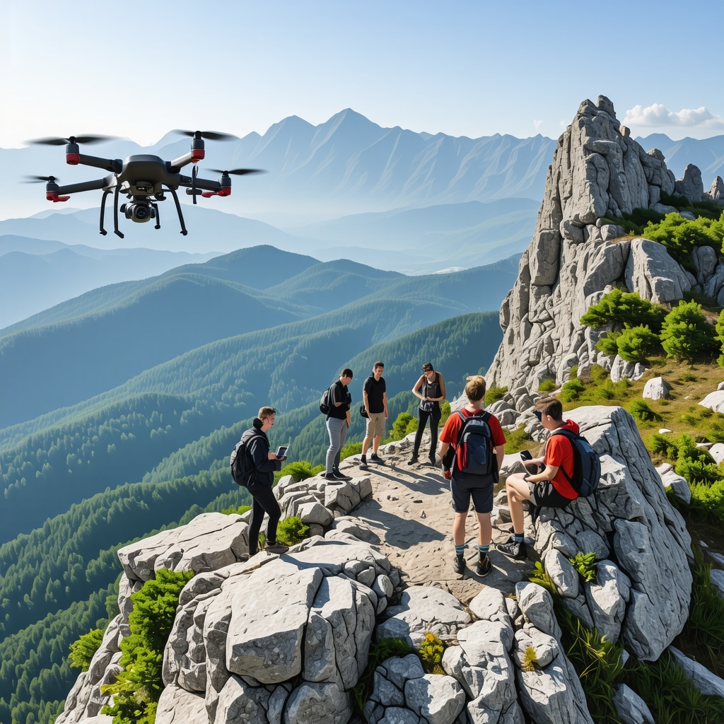 Dajti Mountain National Park with drones and tourists using smartphones representing sustainable and digital tourism