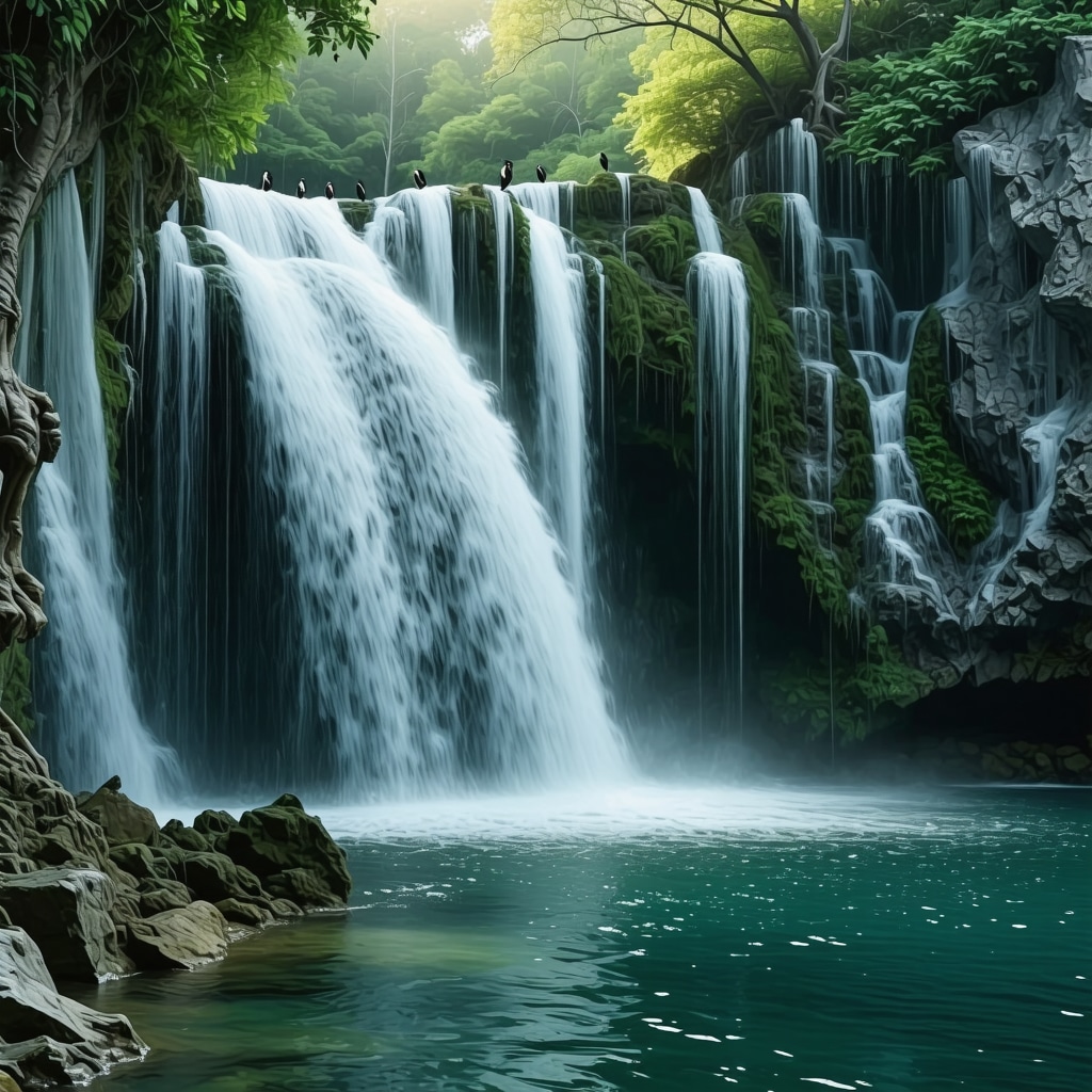 Hidden waterfall surrounded by lush greenery and birds in Krka National Park at early morning