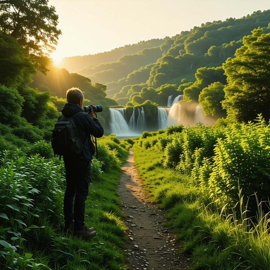 Photographer on a lush green trail with a waterfall in the background during early morning light at Krka National Park