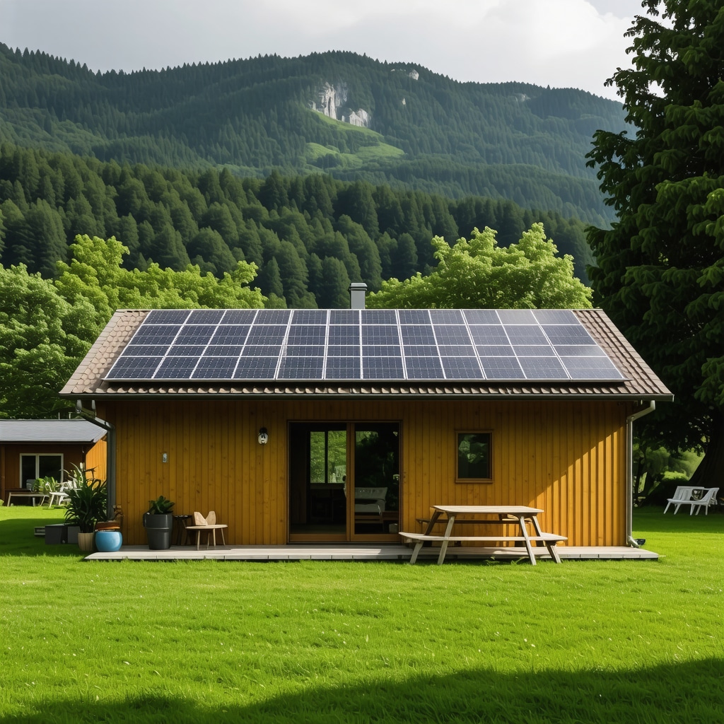 Sustainable camping area in Bohinj with solar panels and lush greenery.