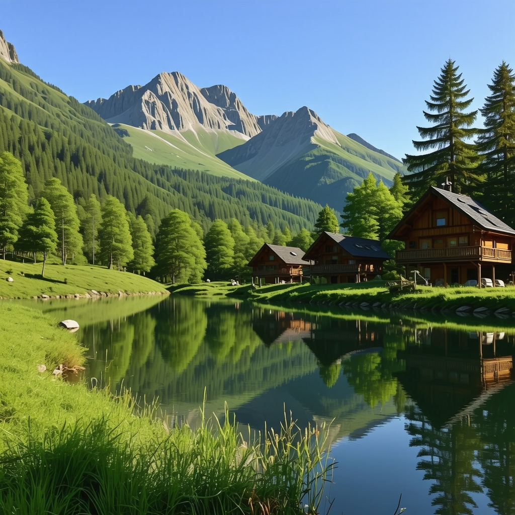 Beautiful mountain lake with eco-friendly cabins and lush greenery in Sofia