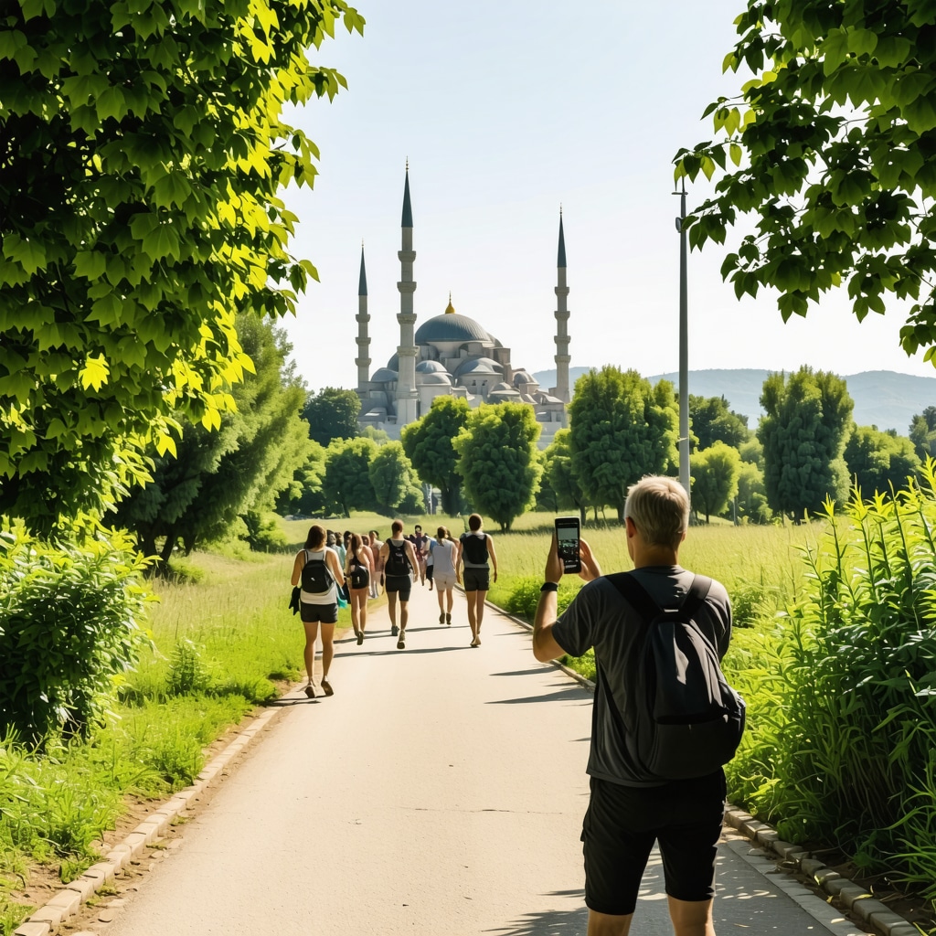 Edirne doğa yürüyüşü ve Selimiye Camii siluetiyle AR uygulaması kullanan turistler