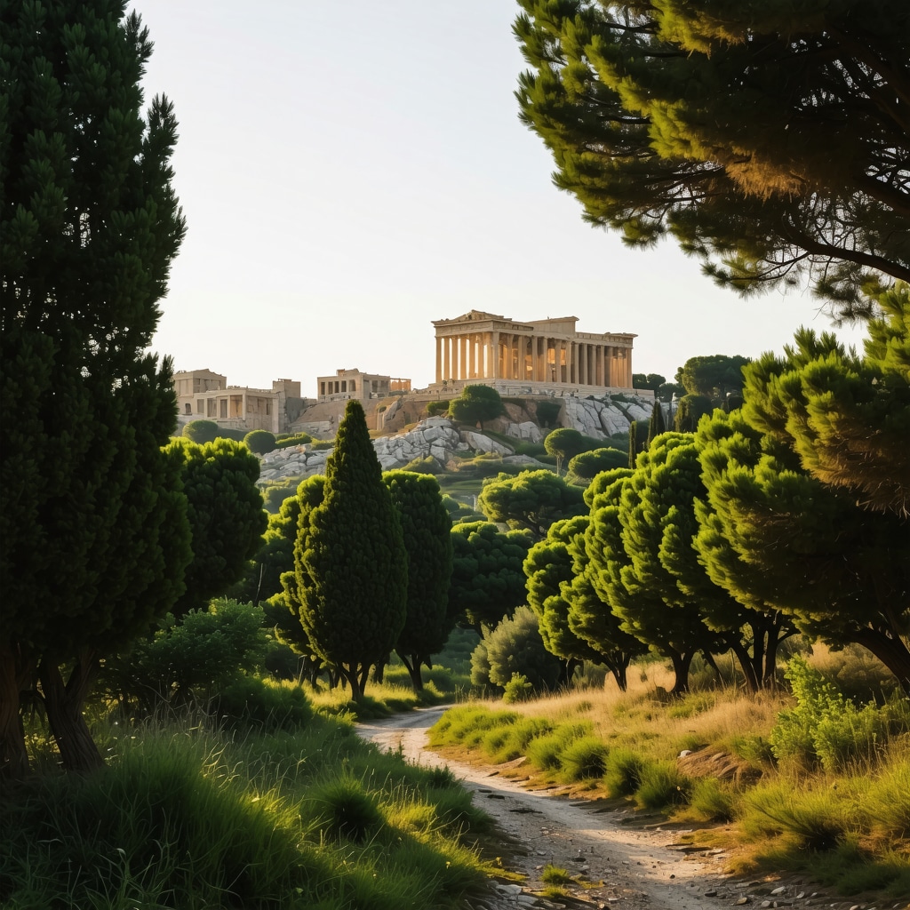 A panoramic shot showcasing Athens' parks and ancient ruins, highlighting natural and cultural harmony