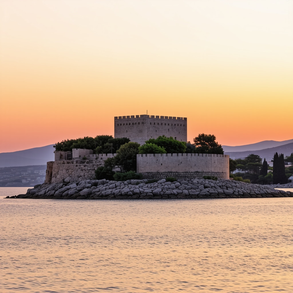 Panoramic sunset view of Foça Castle silhouette with orange pink sky, calm sea, and green surroundings