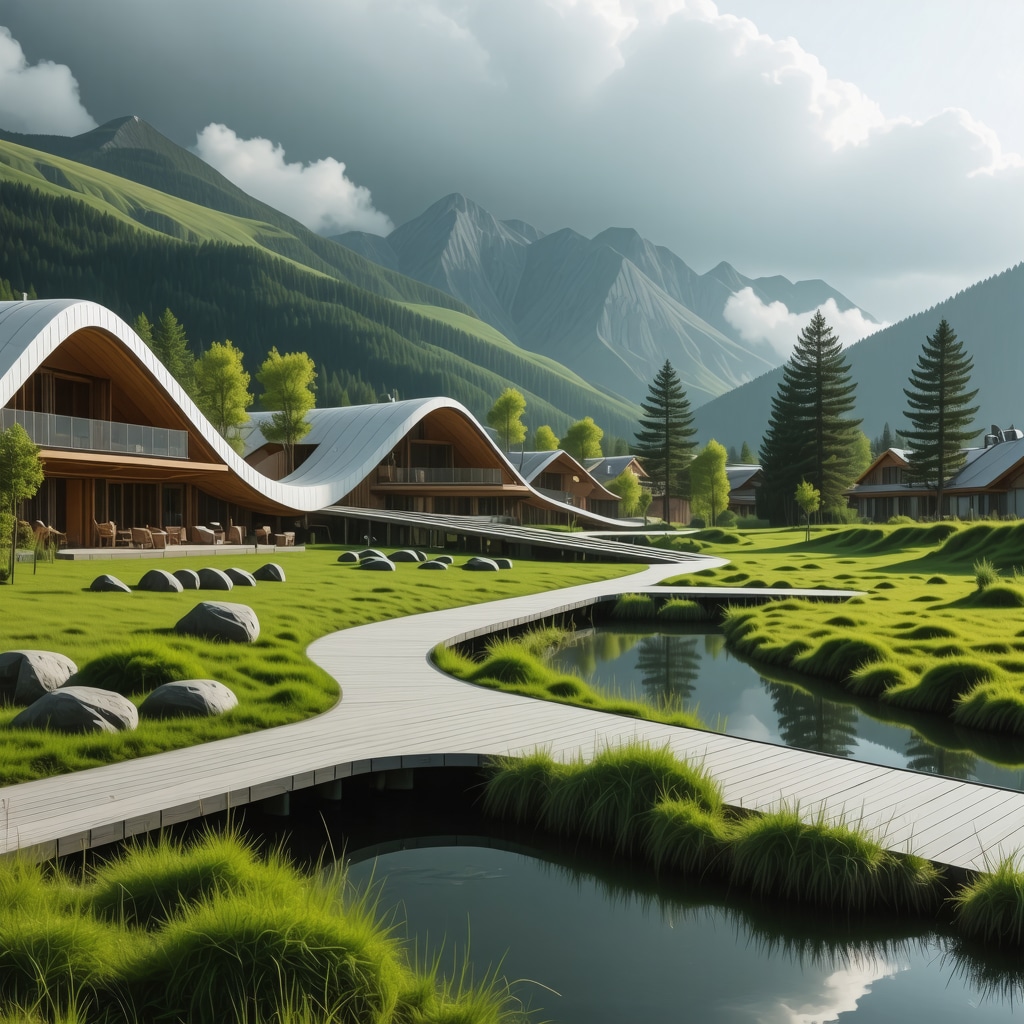 Digital illustration of eco-cultural integration concept in Bansko, emphasizing sustainability and technology