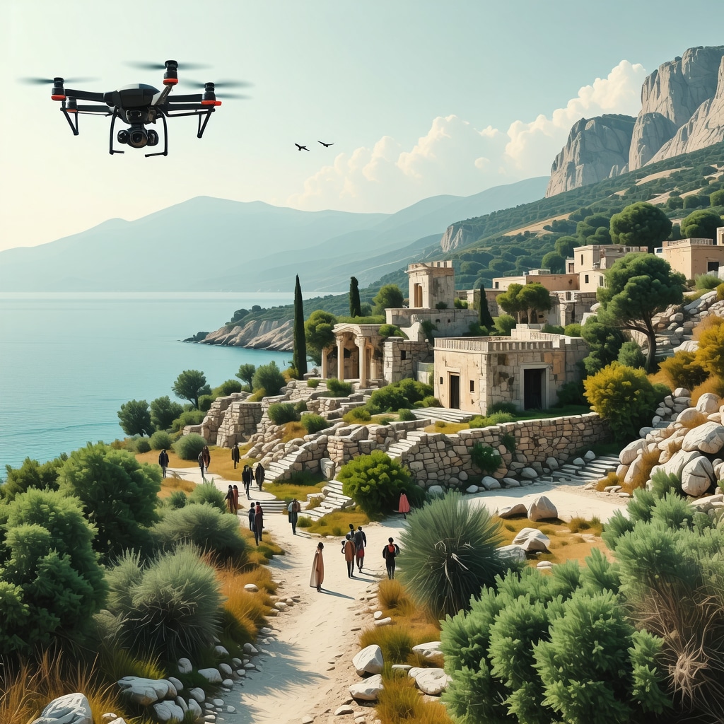 Vlorë coastline with drones, ancient ruins, augmented reality overlays, and community eco-tourism activities