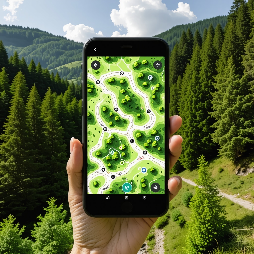 Gabrovo forest hiking trail with a smartphone showing digital map for sustainable tourism