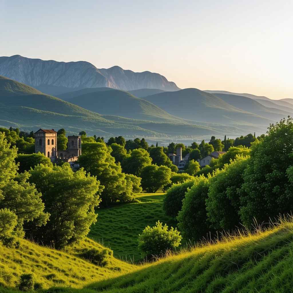 Scenic view of Gevgelija with mountains, forests, and ancient ruins during sunset