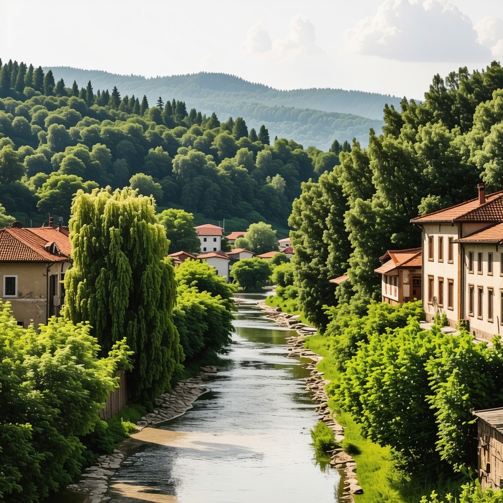 Panoramic view of Gjakova's old town featuring Ottoman architecture amidst green forests and a river