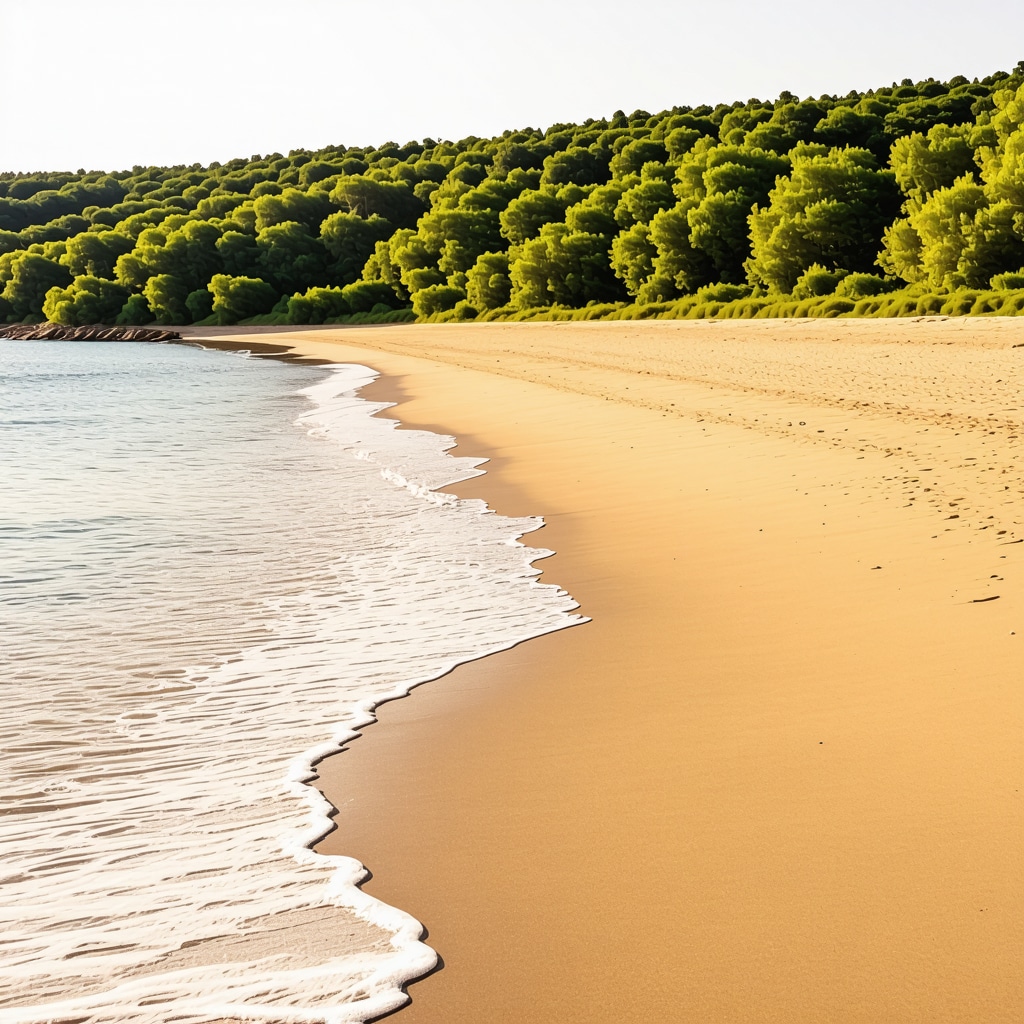 Golden sandy beach with calm sea and green forest in Bulgaria at sunrise
