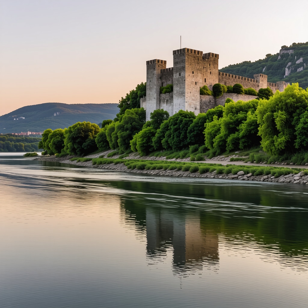 Panoramic view of Golubac Castle with ancient stone walls beside the Danube River during sunset