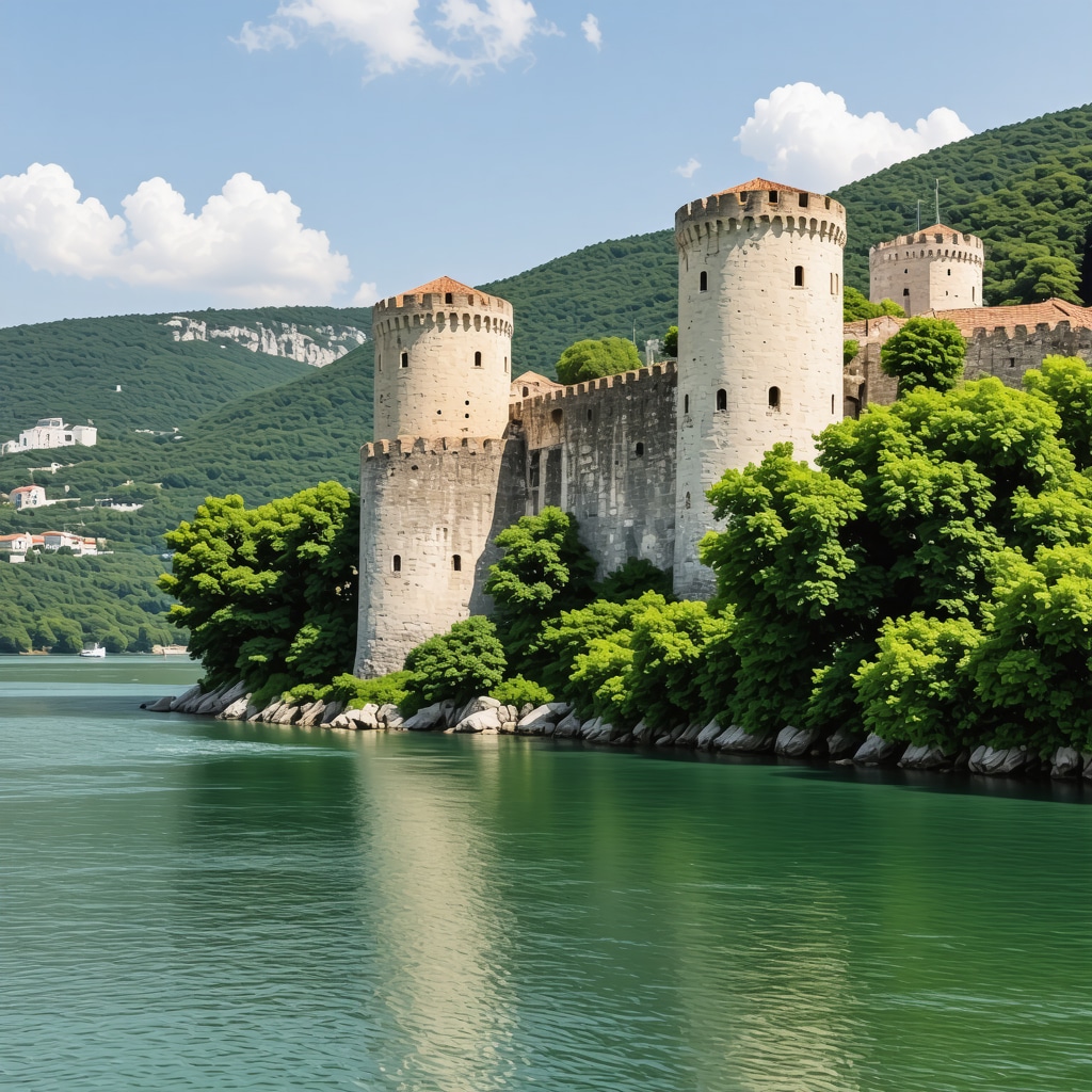 Scenic view of Golubac Fortress with river and forest