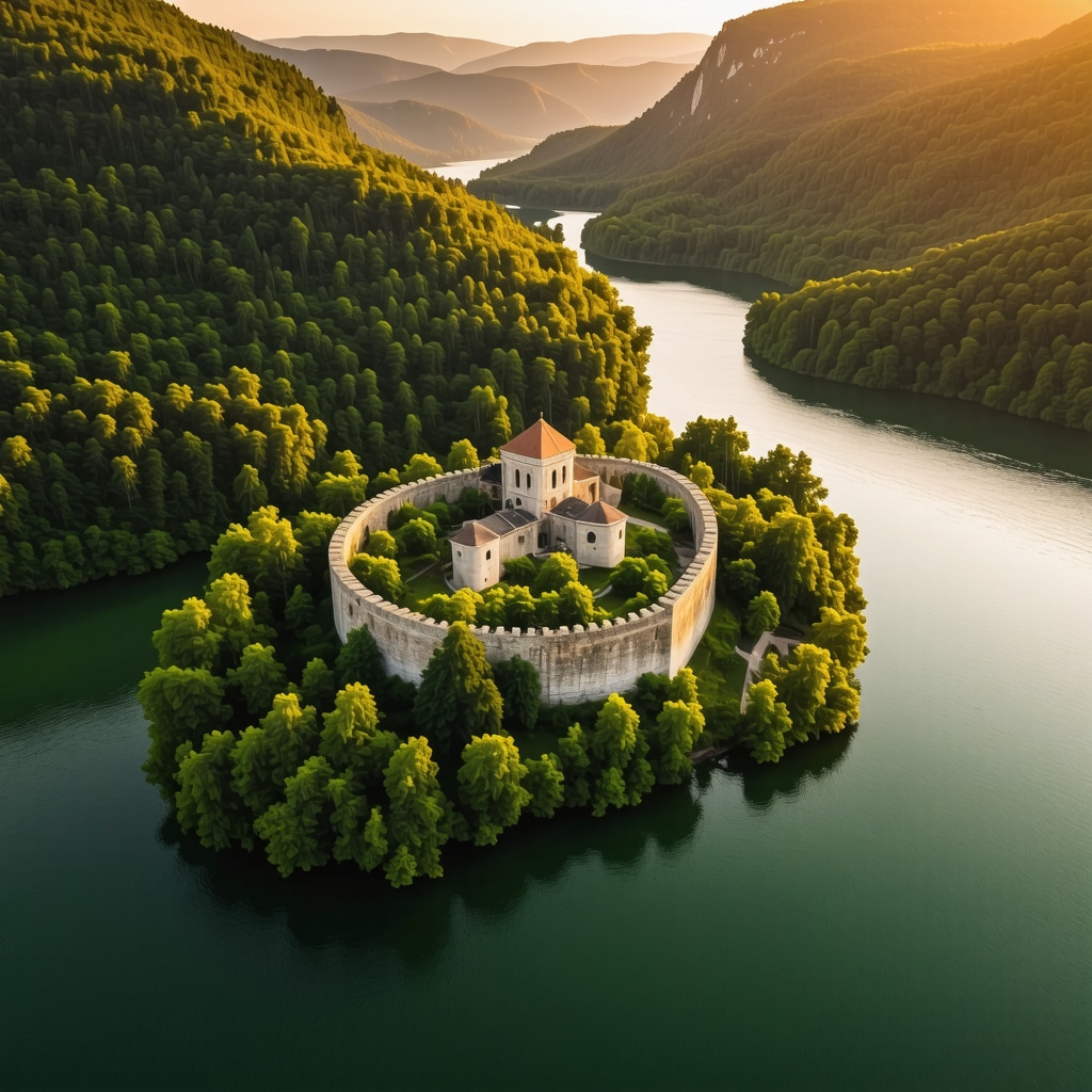 Golubac Kalesi'nin ve Tuna Nehri kıyısındaki doğal yeşilliklerin drone ile çekilmiş panoramik görüntüsü