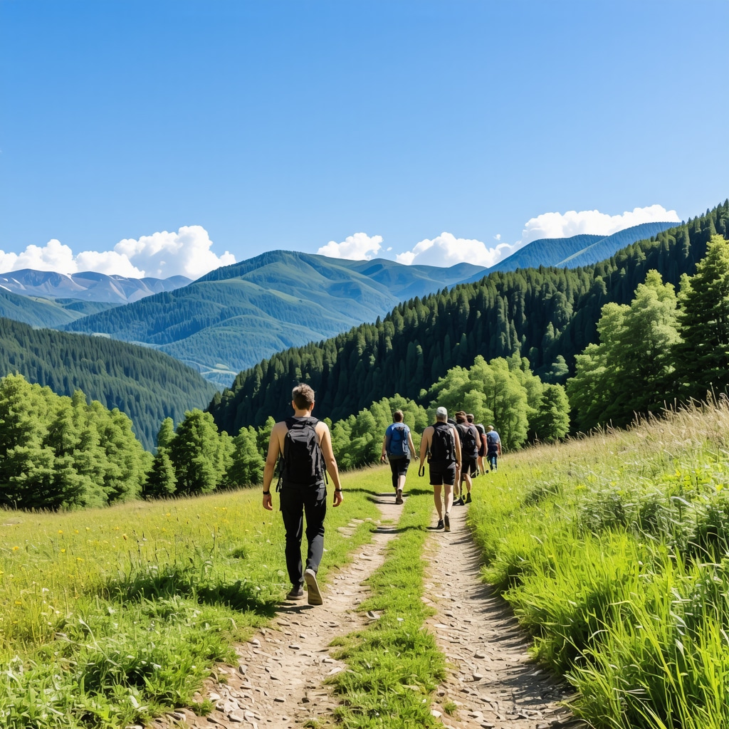 Hikers on trails in Gostivar mountains with lush forests and villages